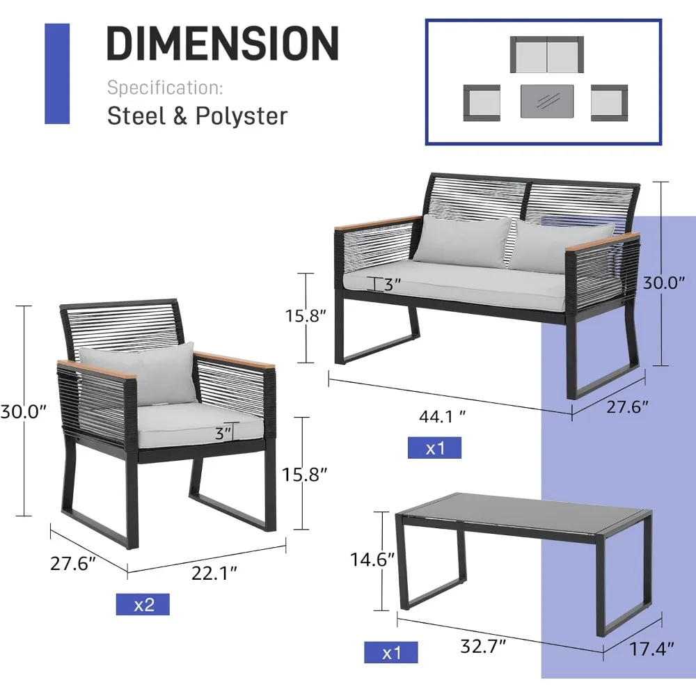 4 Piece Patio Furniture Set, Outdoor Wicker Bistro Set, All-Weather Black PE Rattan Conversation Set w/Coffee Table
