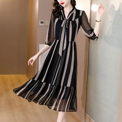 2023 Summer Silk Short Sleeves Chiffon Dress Bohemian Women's V-neck Vintage Stripe Temperament Slim Waist Over Knee Long Dress