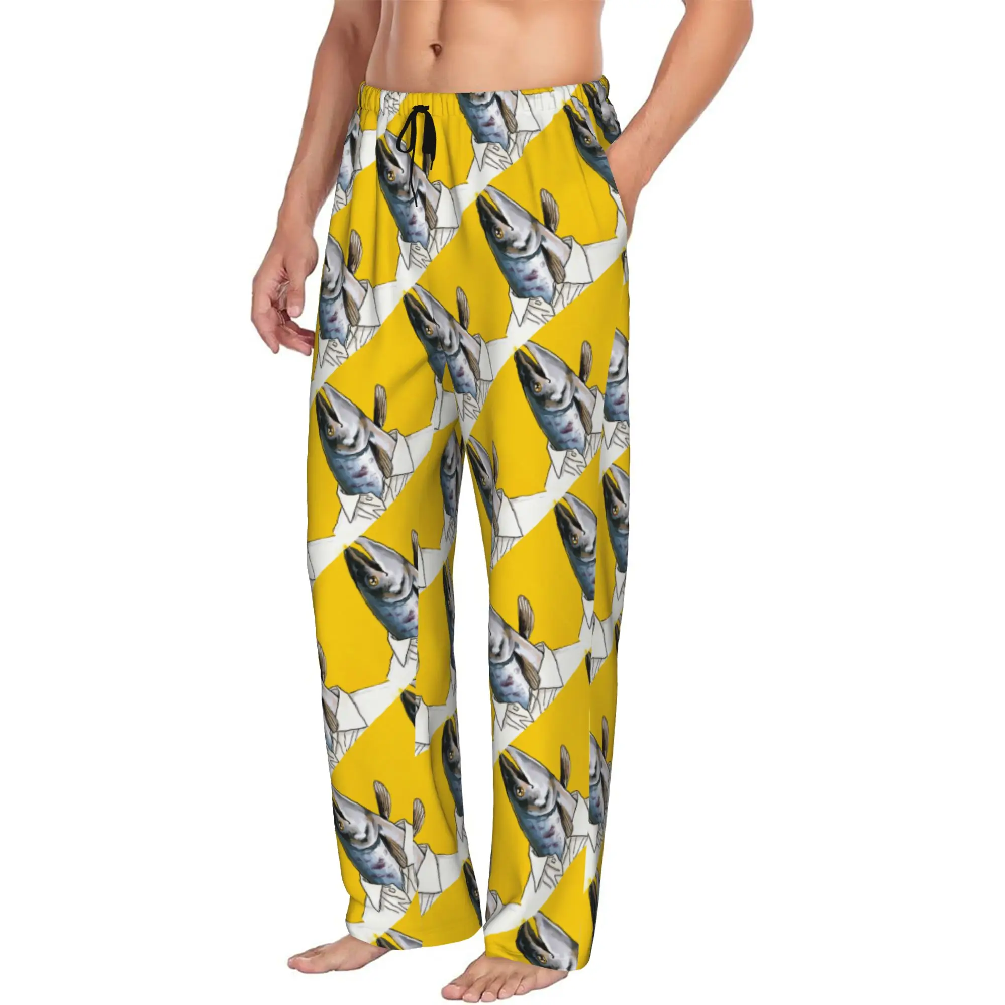 Custom Mr. Fish Pajama Pants for Men Funny Fish Sleepwear Lounge Sleep Bottoms Stretch with Pockets