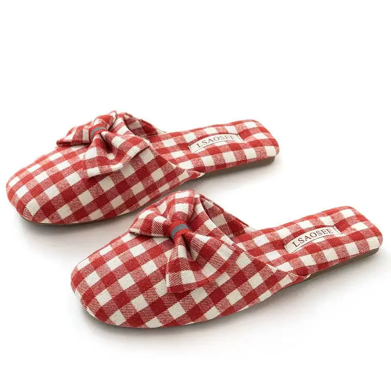 

Women's Spring Autumn New Plaid Cloth Baotou Slippers Soft sole Non Slip Sweet Bowknot Home Slippers Floor Silent Slippers