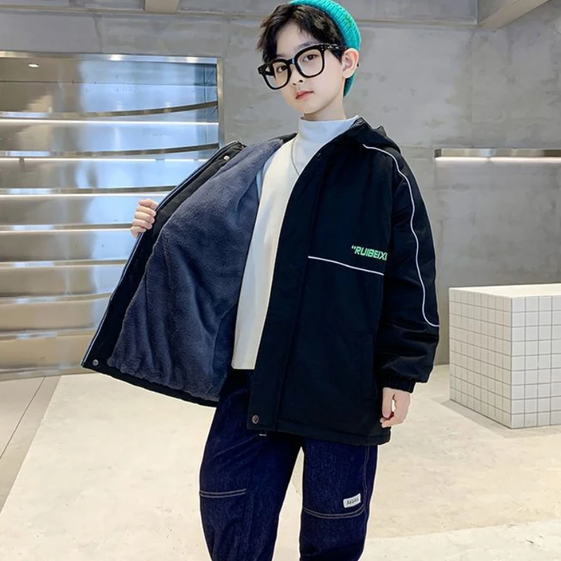 Boys Coat Jacket Cotton Outerwear Windbreak 2023 Hot Thicken Velvet Winter Warm Teenagers Children\'s Clothing
