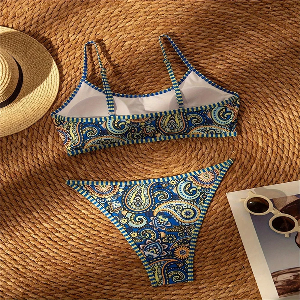 Vintage Print Bikinis Sets Striped Border Y2K Bikini Swimsuit Push Up Vacation Swimwears Women Beach Outfit Bathing Suit Biquini