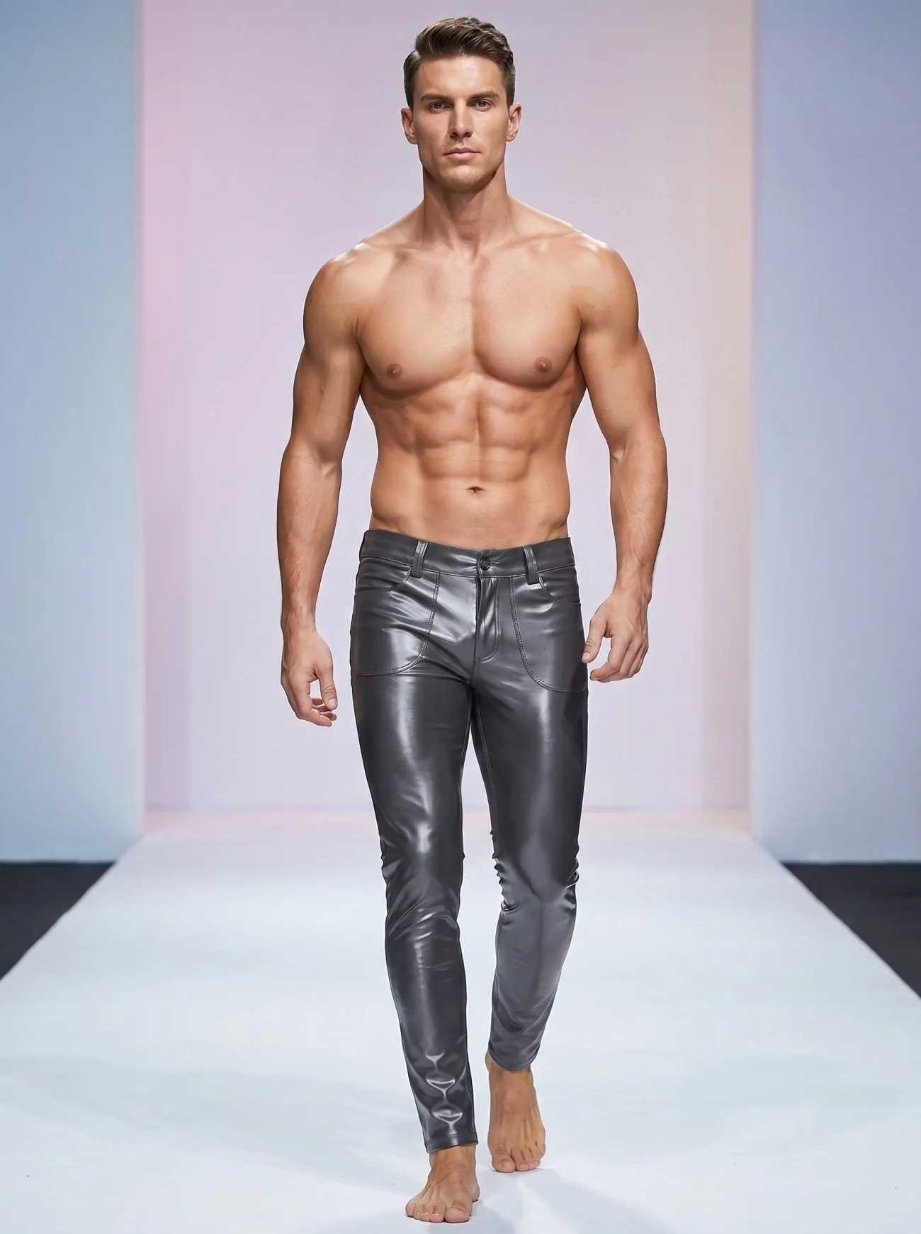 Men's High Elastic PU Leather Pants Nightclub Stage Tight-fitting Slim Trousers Stretchy Stylish