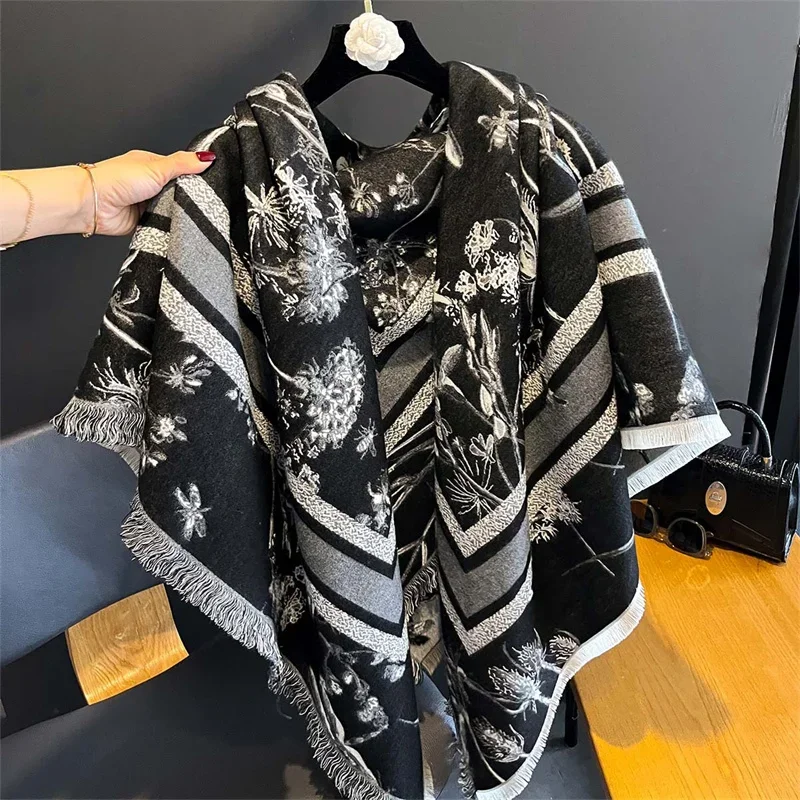 Luxury Brand Cashmere Women Floral Scarf Winter Warm Shawl and Wrap Bandana Pashmina Female Foulard Square Thick Blanket Poncho