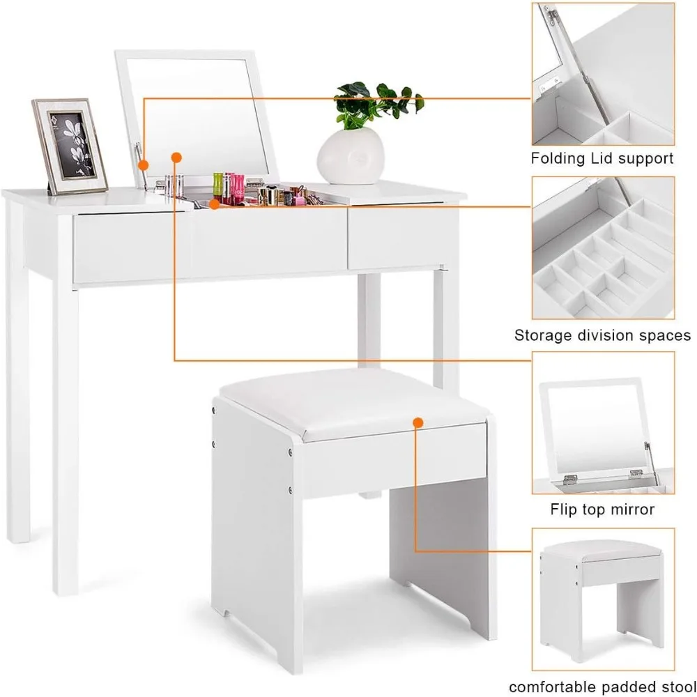 حمام مع مرآة قابلة للطي، درجين، 3 منظمات قابلة للفصل (أبيض)