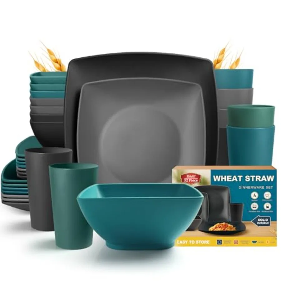 Juego de Vajilla Cuadrada de 32 Piezas de Plástico de Paja de Trigo para 8 Personas, Platos Irrompibles, Platos para Ensalada, Tazones para Aperitivos, Vasos de 13.5 oz