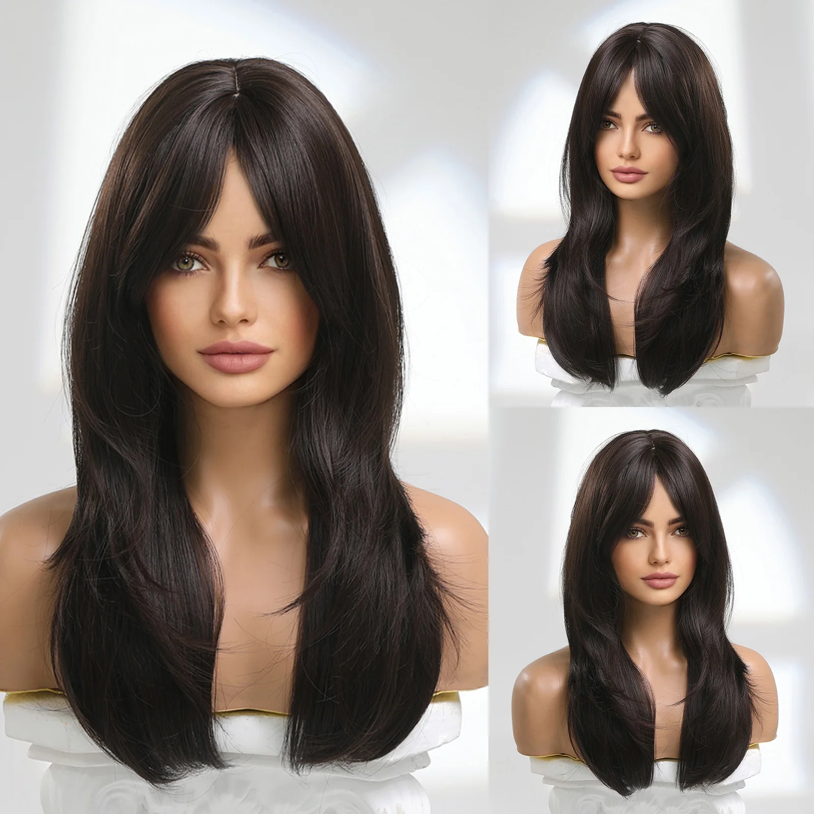 Medium Classic Synthetic Wigs Dark Brown Water Wavy Hair Wig with Side Bangs Daily Use for Women and Girls Heat Resistant