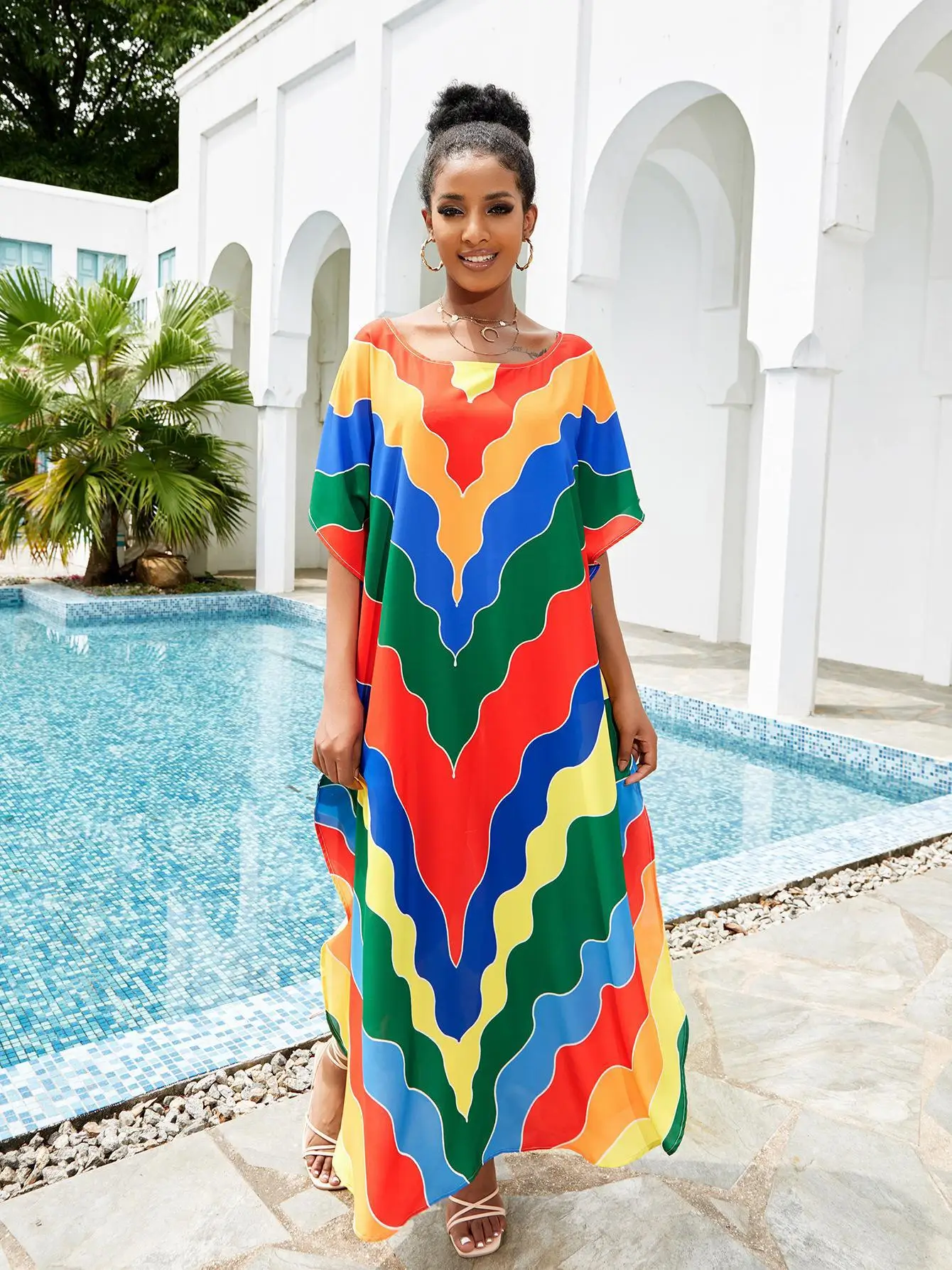 Multicolor Striped Kaftan Bohemian Printed Bikini Cover Up Batwing Sleeve Maxi BeachDress Women Beachwear Maxi Dress Robe