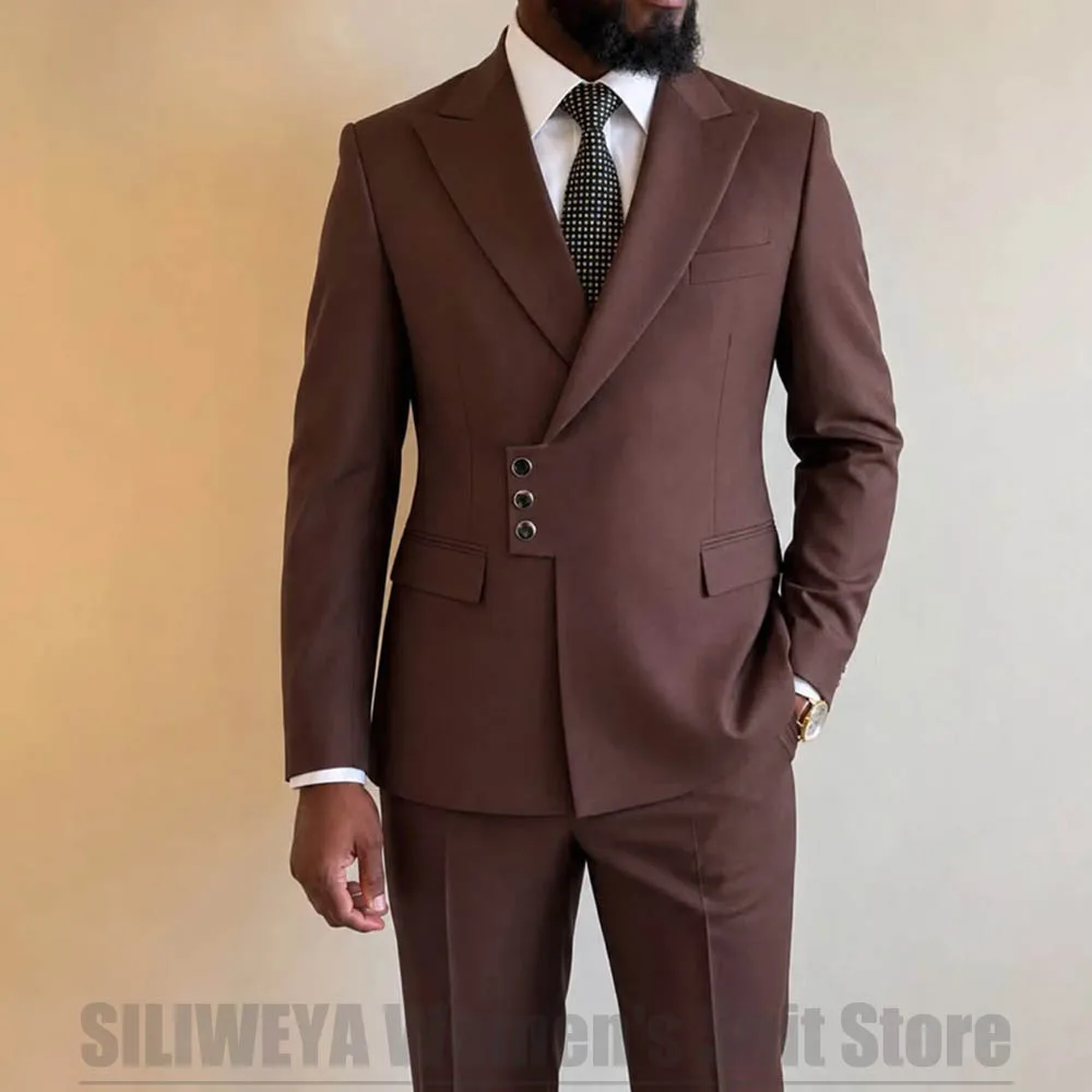 Men 2 Piece Suit Set Peak Lapel Asymmetric Button Blazer With Pants For Groom Wedding Prom Party Business Casual Outfit