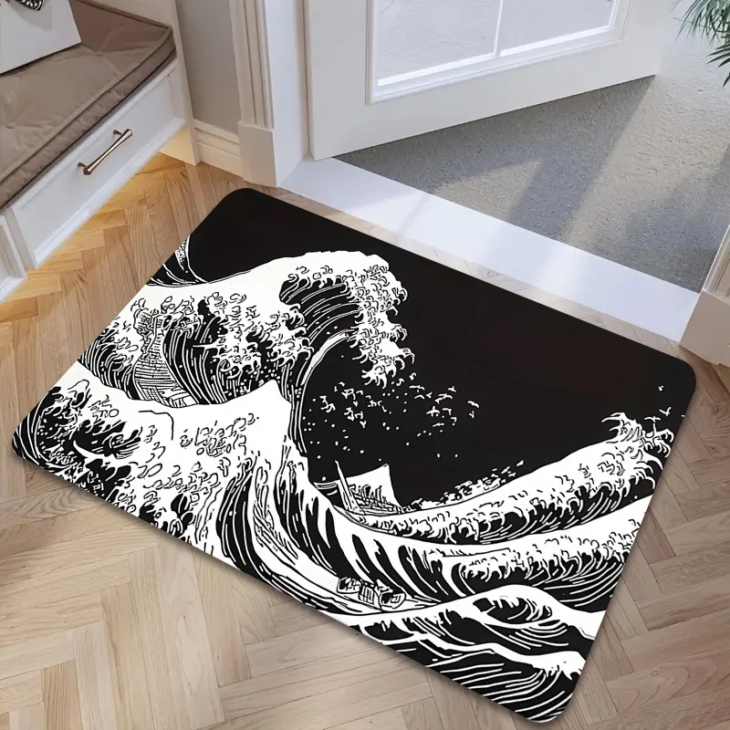 Tapis d'entrée imprimé vagues pour la décoration intérieure, tapis de sol nautique océanique, design artistique japonais, tapis de salle de bain, cadeau