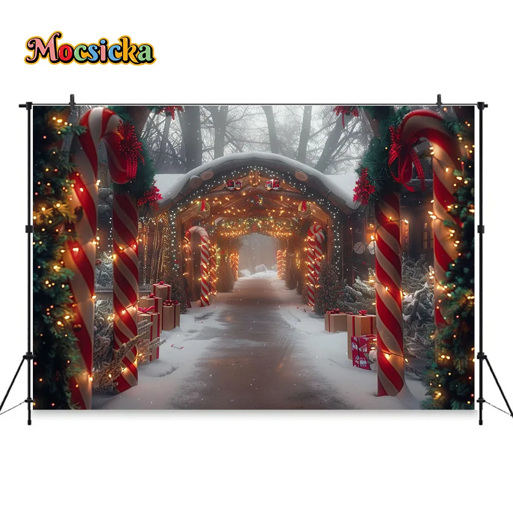 Mocsicka Christmas Photography Background Candy Cane Fairy Town Xmas Tree Light Backdrop Kid Photo Winter Snowy Photozone Studio