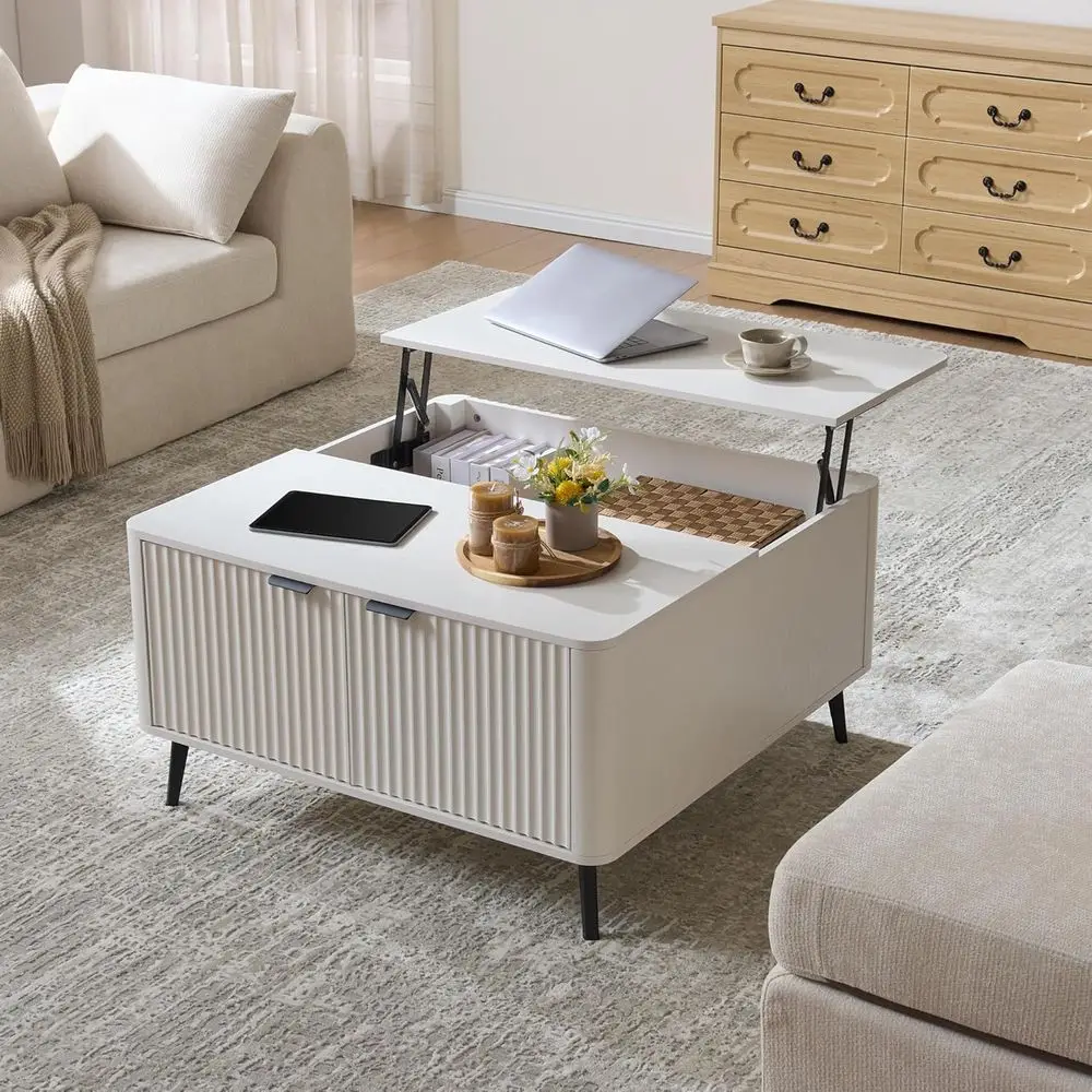 

Mid-Century Modern White Square Lift-Top Coffee Table with Storage, 35.4 Wide, for Living Room