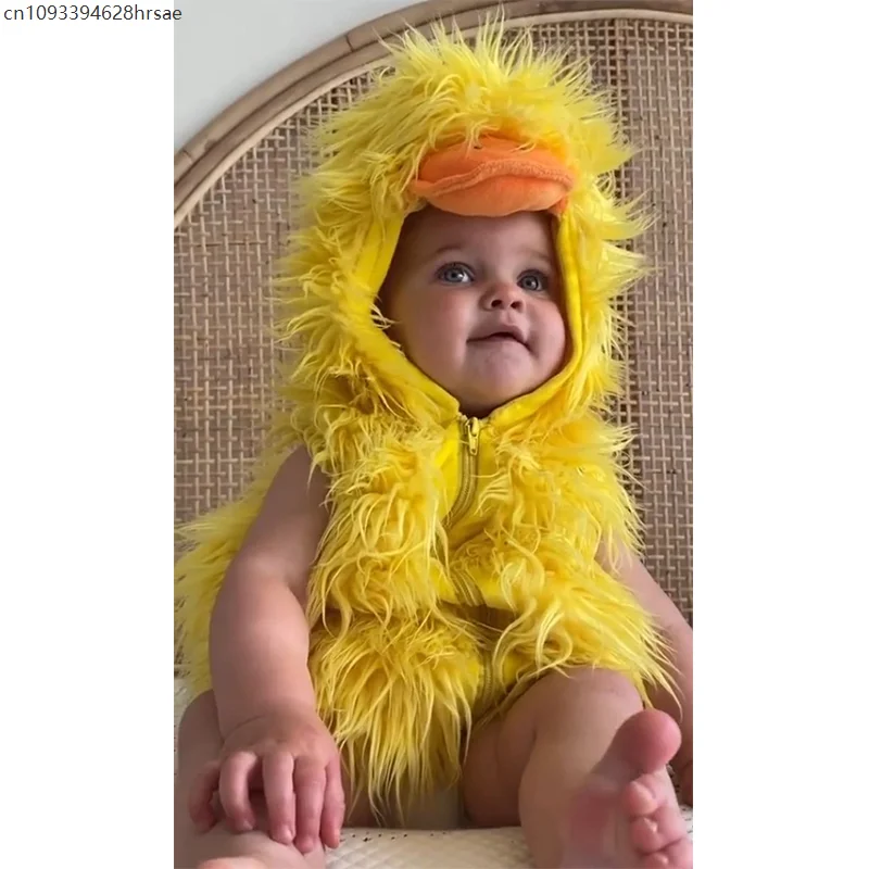 子供ロングファーリトルイエローアヒルベビーコスチューム甘い幼児アヒルフードベストトップハロウィンコスチューム