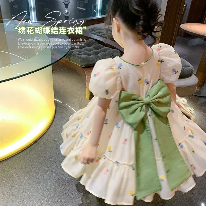 2023 Girls Summer Dress Flowers Embroidery Big Bow Kids Girl Princess Birthday Dresses Children Vestidos Clothes 2-14age