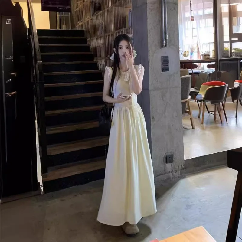 

Gentle style sweet bow sleeveless dress women spring2025new style waist-cinching slimming elegant fairy long dress