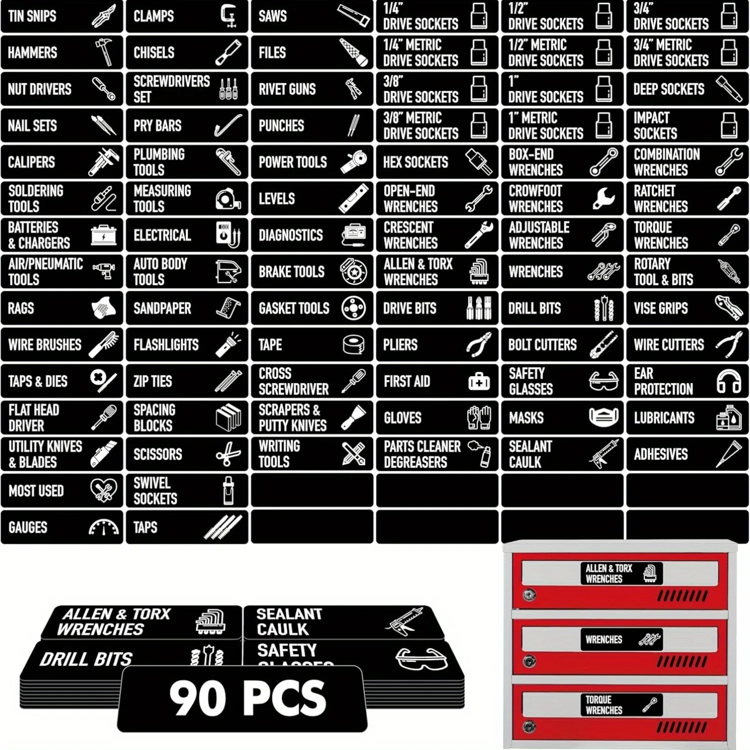 90 pcs Toolbox Labels,Tool Chest Organizer Labels, Fits Steel Drawers, Durable Vinyl Material, oolbox Accessories