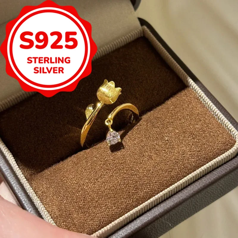 

925 sterling silver fashion light luxury smart lily of the valley small water drop brushed opening adjustable ring simple daily