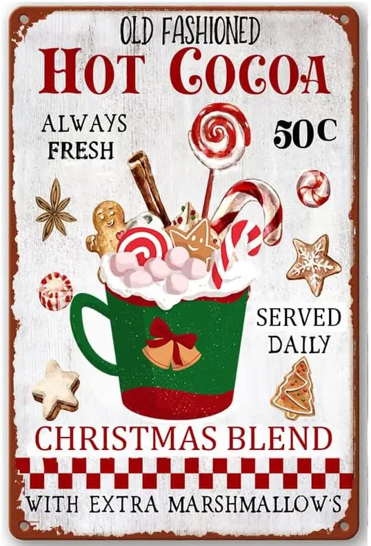angeloken Vintage Metal Sign - Hot Cocoa & Hot Chocolate Christmas Treat Location - Retro Tin Art for Living Room & sign