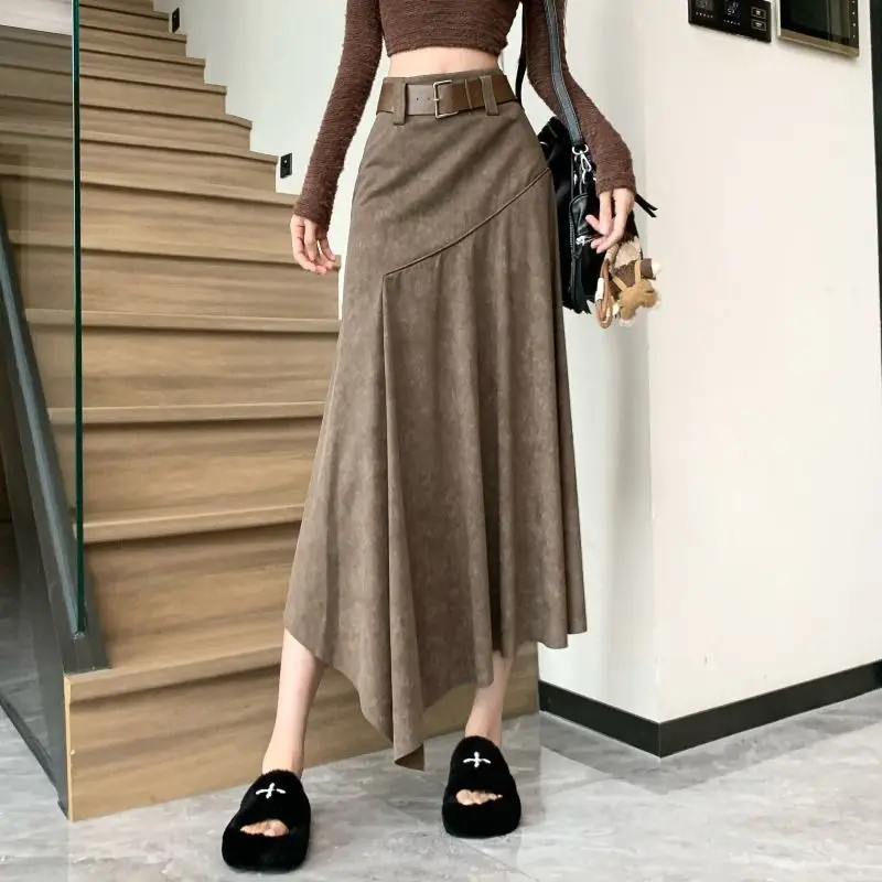 2026 New Spring Autumn Women's Vintage Khaki Blazer Skirt Irregular High Waist A Line Skirt Draped Slim Hip Wrap Straight Skirt