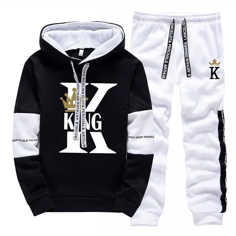Couple Outfit Autumn Winter Long Sleeve Hoodies Set Unisex KING QUEEN Printed Hoode Sweatshirt Sweatpants Couple Pullover Outfit