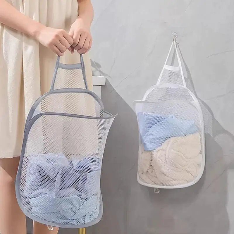 Foldable Mesh Laundry Hamper Portable Hanging Design Large Capacity For Bathroom Bedroom Dorm Laundry Storage
