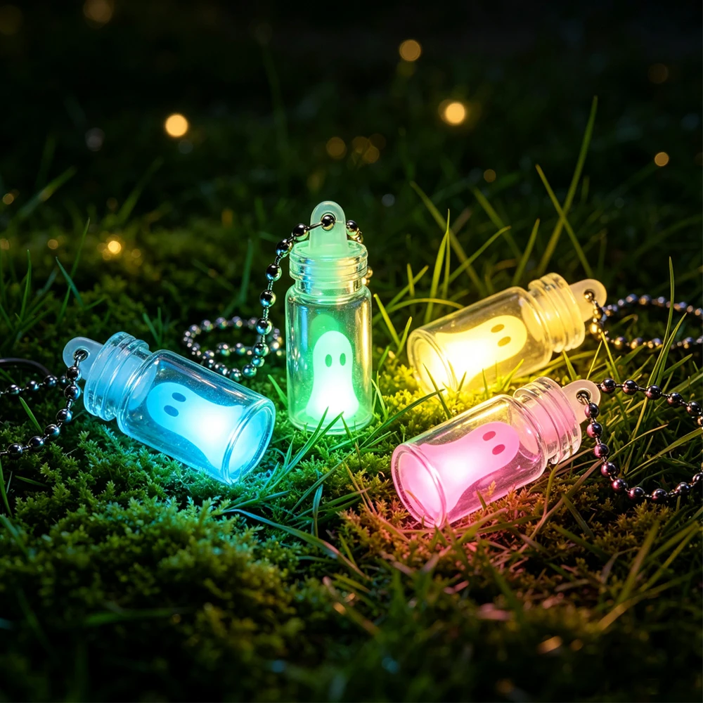 4pcs Exquisite Luminous Ghost Keychain Set Halloween Multicolor Tiny Glow Drifting Bottle Keyrings Adopt Ghost Spectre Jewelry