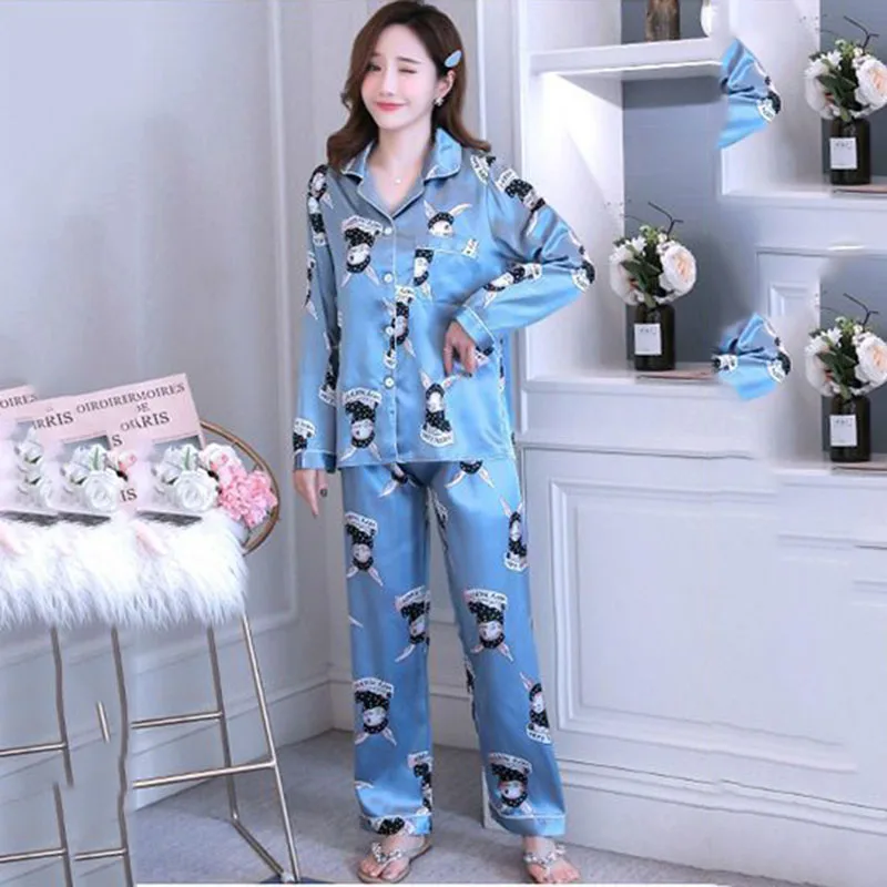 Pajama Women's Spring And Summer Ice Silk Longsleeved Trousers Korean Version Of Spring And Autumn Simulation Silk  Home Clothes