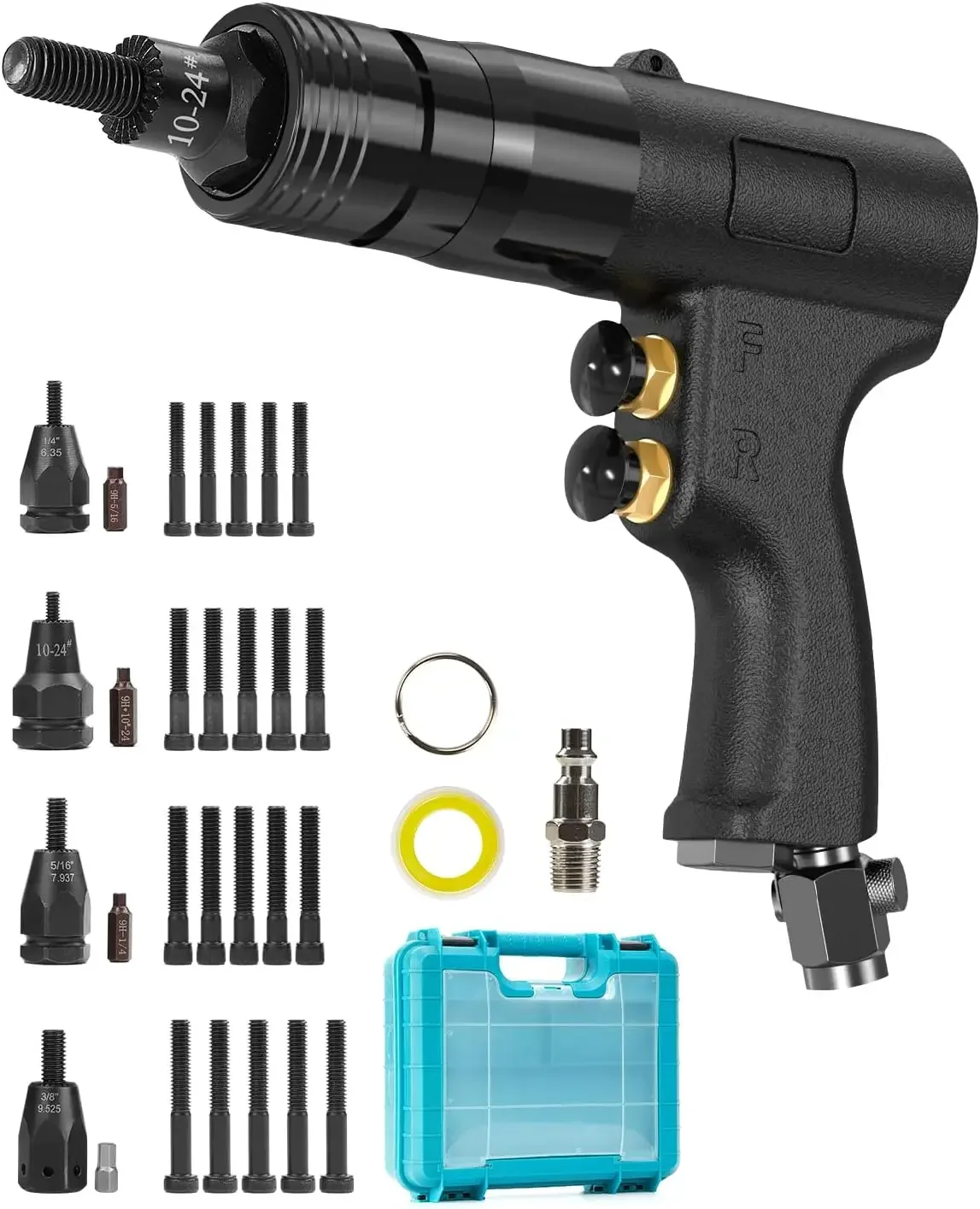 4-in-1 Pneumatic Rivet Nut Gun Set (10-24 & 1/4 & 5/16 & 3/8)， Air Nut Insert Installation Tool Assembly Automatic Nutsert Gun