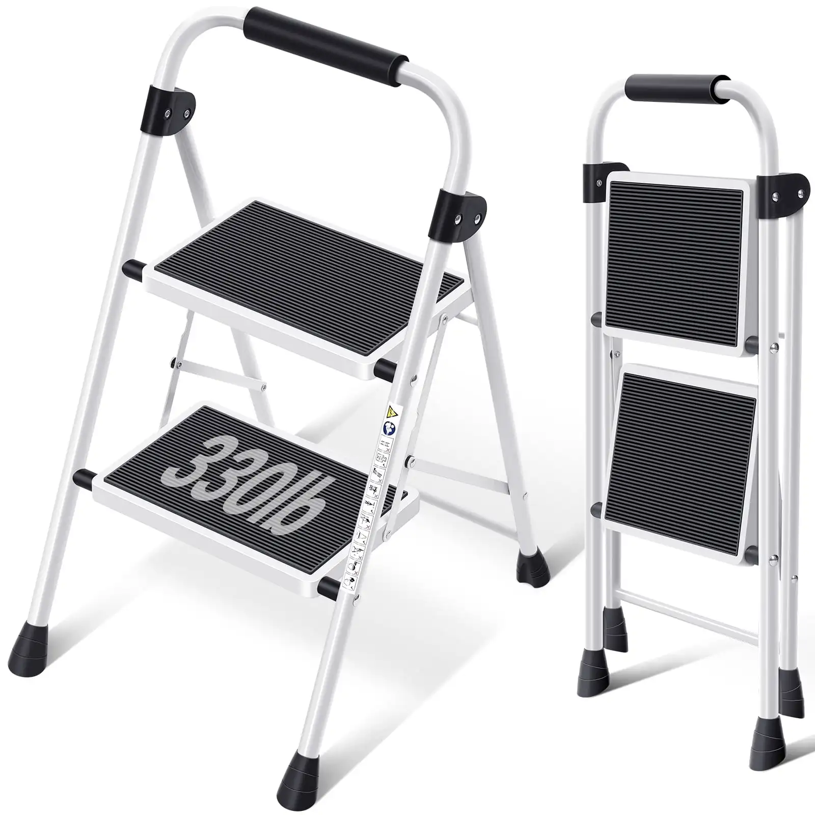 

2 Step Stool Folding Step Ladder Non Slip Feet for Home Office 30lbs Capacity White Heavy Duty Support 225 Lb