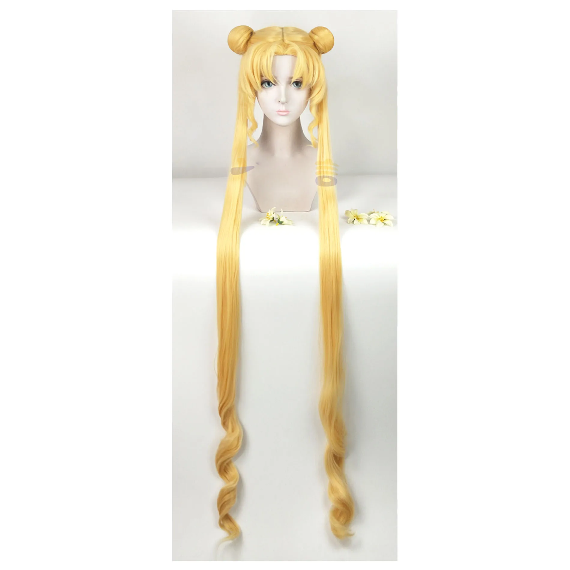 Serena Tsukino Usagi Cosplay Wig Annie 130cm Blond Silver Double Long Ponytails Heat Resistant Synthetic Hair Wigs + Wig Cap