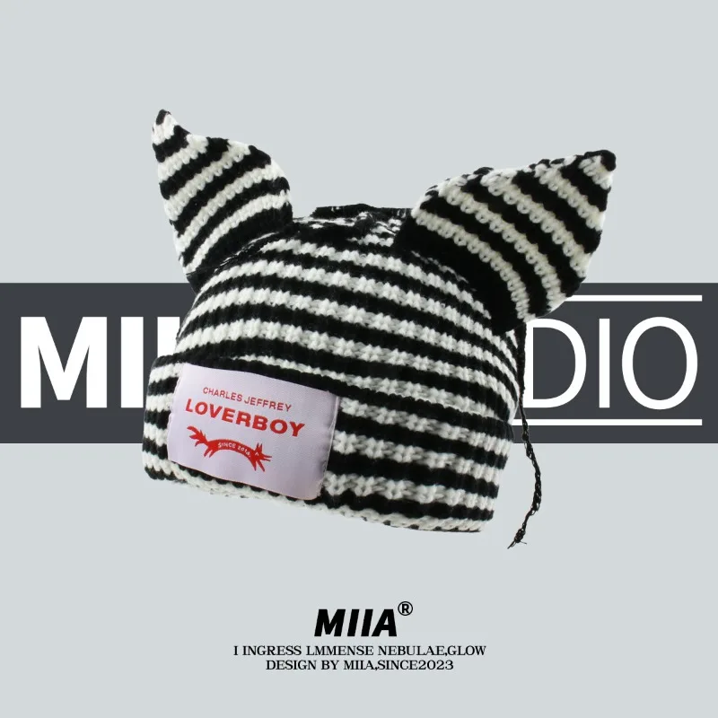 Cat Ears Wool Hat Women's Autumn and Winter Stripes Thickened Warm Knitted Ear Protector Hat Pig Ears Cartoon Cute Pullover Hat