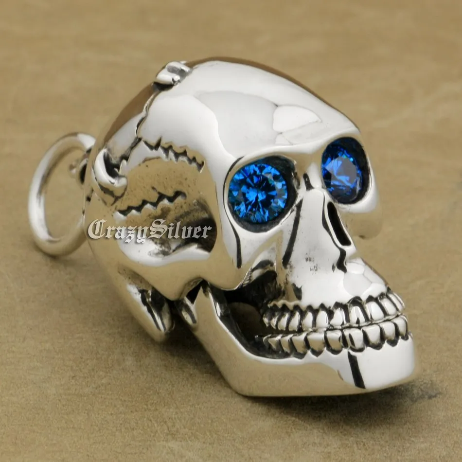 CZ Eyes 925 Sterling Silver Mouth Jaw Openable Skull Pendant Biker Punk Jewelry 8C113