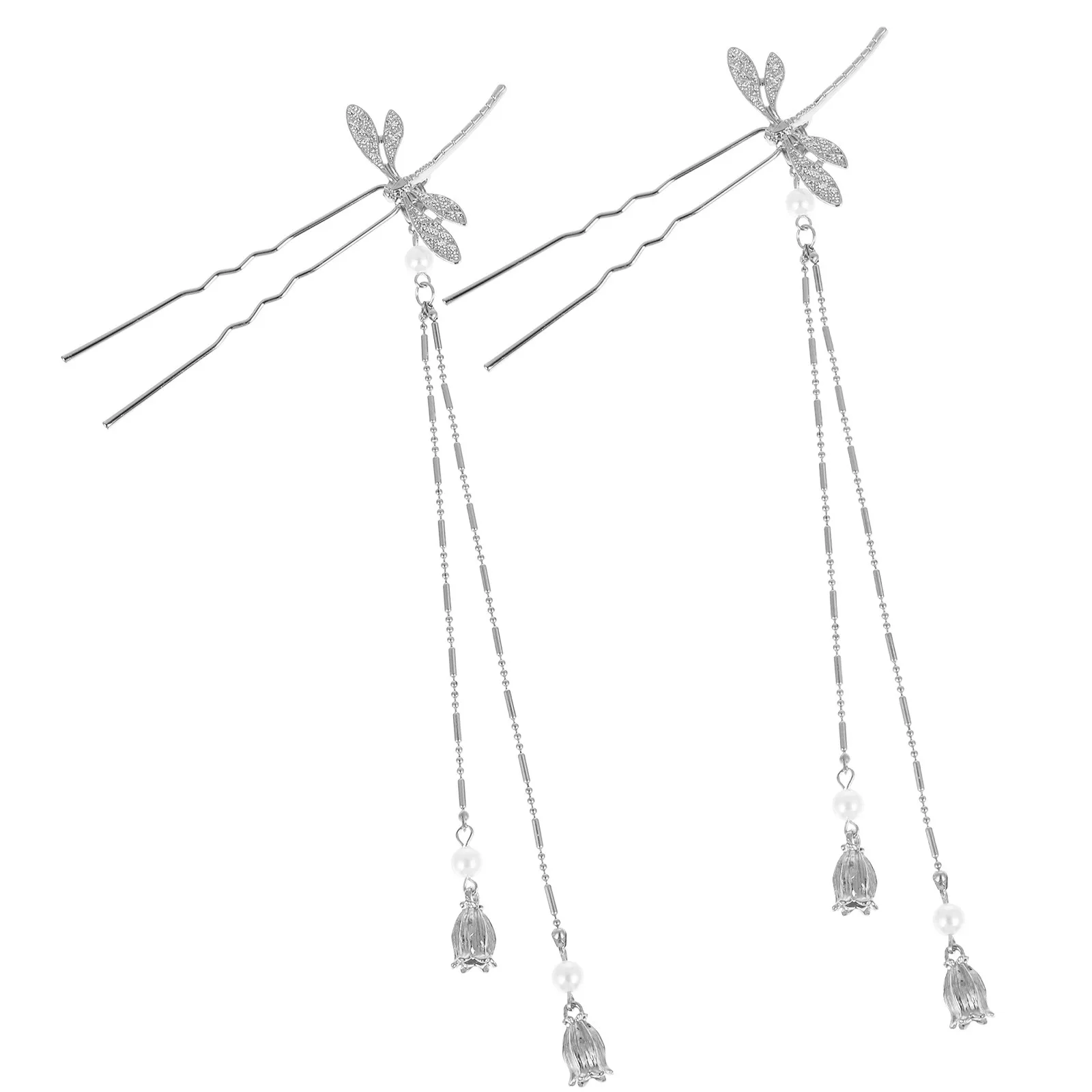 

2 шт. Серебряные заколки-шпильки для волос в форме стрекозы с кисточками, китайские U-образные заколки для пучков для женщин