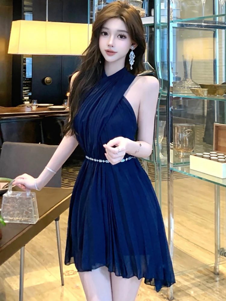 Women Blue Chiffon Pleated Bodycon Chain Bandage Dress Summer Elegant Neck-mounted Sexy Mini Dress 2025 Korean Casual Prom Dress