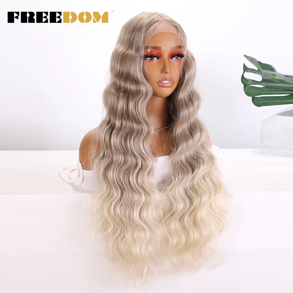 FREEDOM Deep Body Wave parrucche anteriori in pizzo sintetico per le donne parrucca lunga in pizzo biondo marrone Ombre parrucca Cosplay resistente