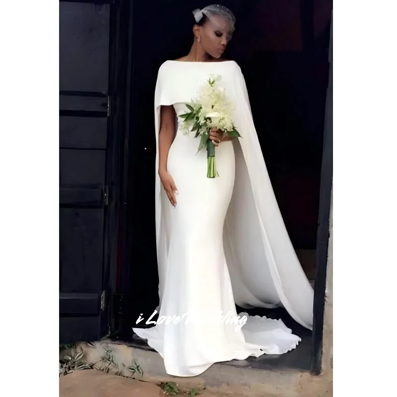 Simple Mermaid Wedding Dress with Cape Elegant Bateau Bridal Gowns Cheap White Bridal Party Dress Sweep Train Pleated Customized