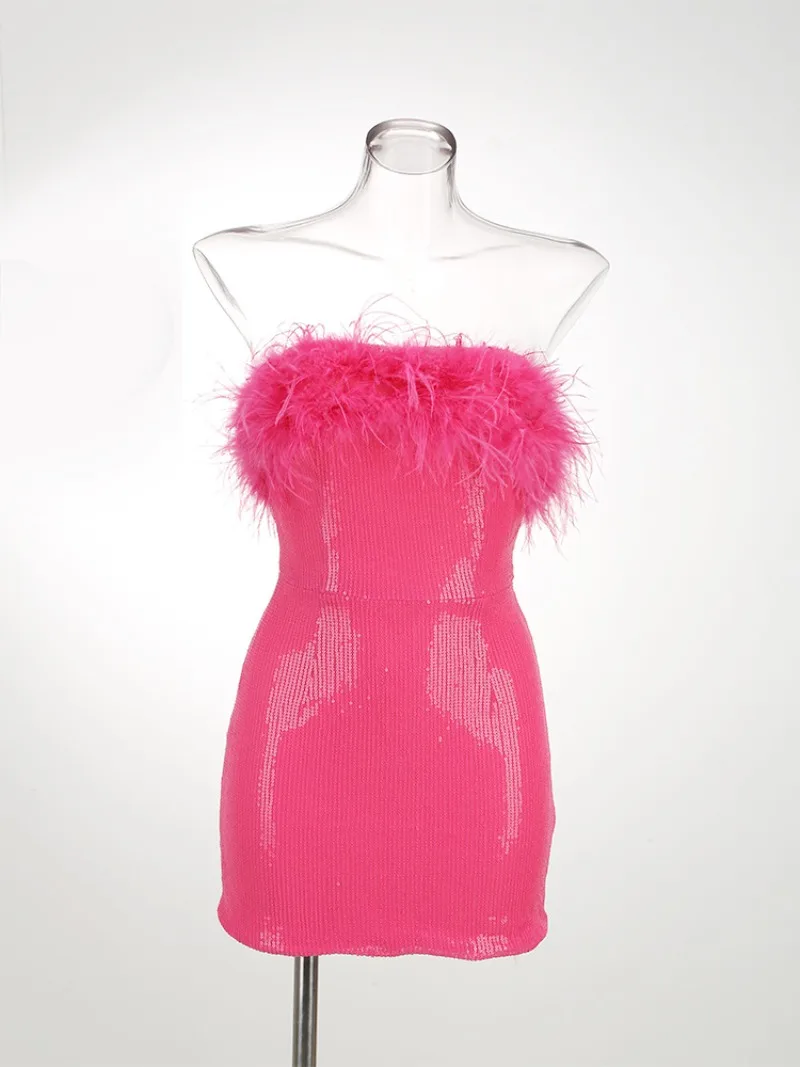 Vestido de graduación para mujer, falda de lentejuelas con adorno de plumas, sin tirantes, pecho envuelto, Sexy, sólido, elegante, fiesta