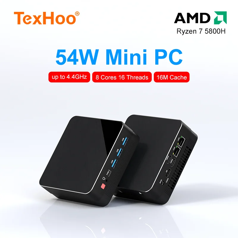 TexHoo Mini PC Computador Gaming AMD Ryzen7 5800H Bolso Dual HDMI LAN WIFI6 Windows 11 Pro NUC Office DDR4 NVMe Quatro Display