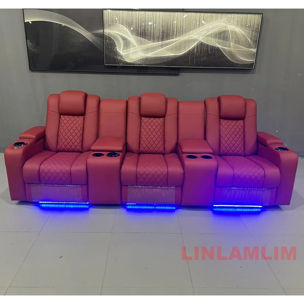 MINGDIBAO Luxury 3-Seat Recliner Sofa with Cup Holders, Leather Home Theater Seating, Cinema Recliner Couch with Center Console