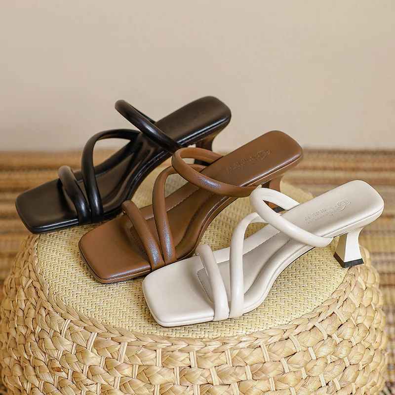 

Slippers Fashion 2025 New Summer Square Head High Heels for Women Thin Heels Fairy Wind Cool Slippers