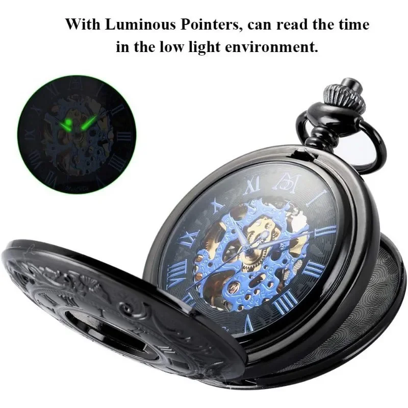 Mechanical Roman Numerals Dial Skeleton Pocket Watches with Box and Chains for Mens Women