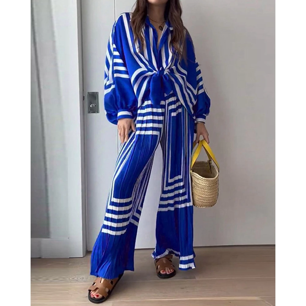 

Women Geometric Print Long Sleeve Shirt Top and Wide Leg Pants Set Femme Casual Lantern Sleeve Ruched Design 2 Piece Suit Sets