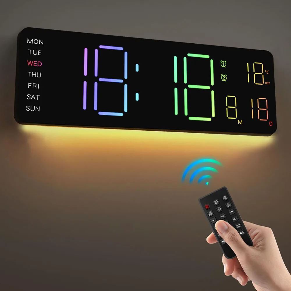 Digital LED Wall Clock with Remote Control Calendar Colorful Night Light Temperature for Living Room Bedroom Office Smart Home