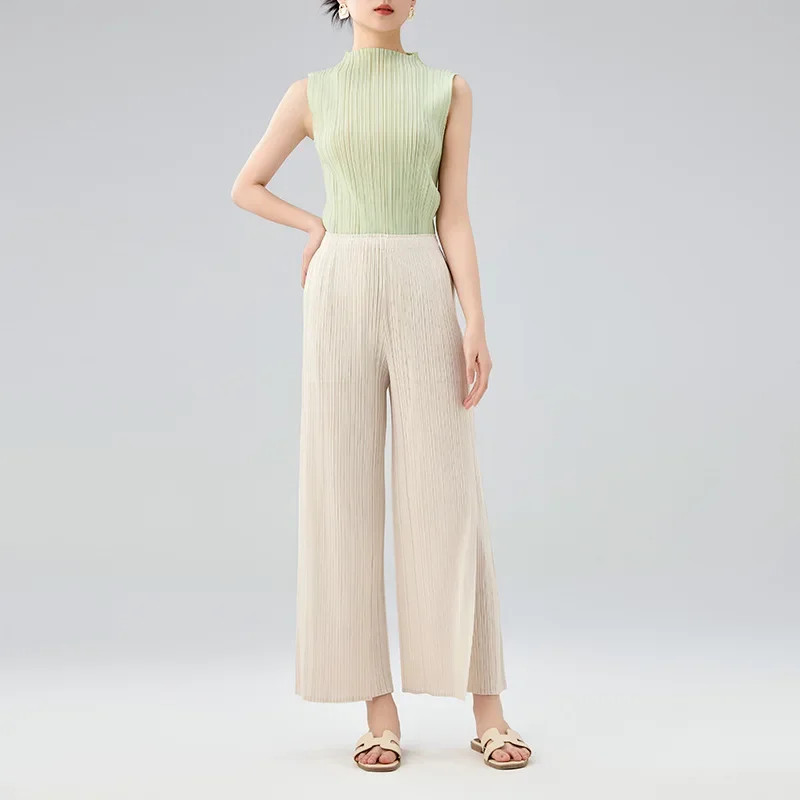 Casual Pants for Women 2024 New Summer Style Mid Waist Pleated Long Spliced Straight Leg Pants Miyake