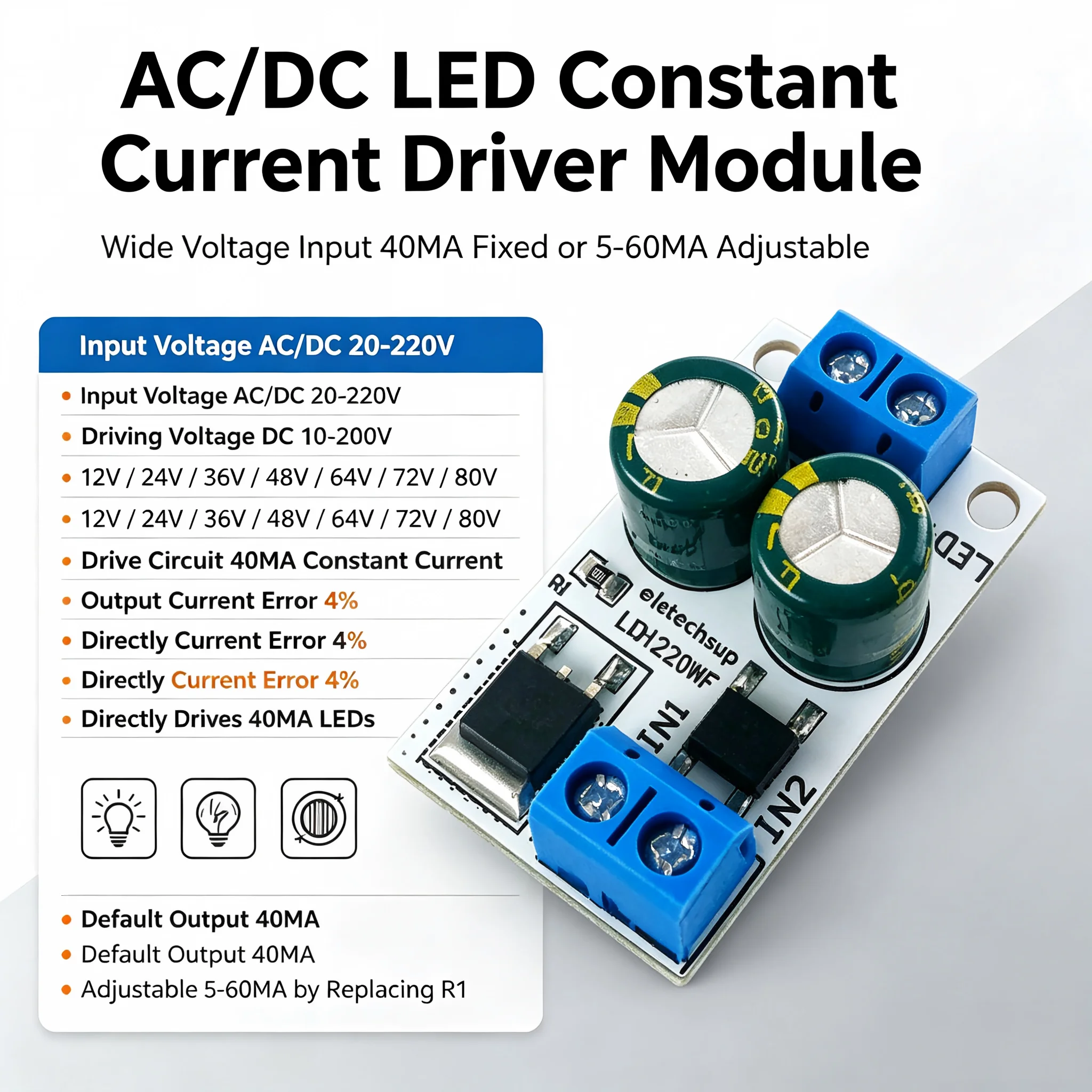High Voltage LED Driver 20V-220V AC/DC to 10V-200V 40mA Constant Current Module for Fluorescent Ceiling Light Bulb