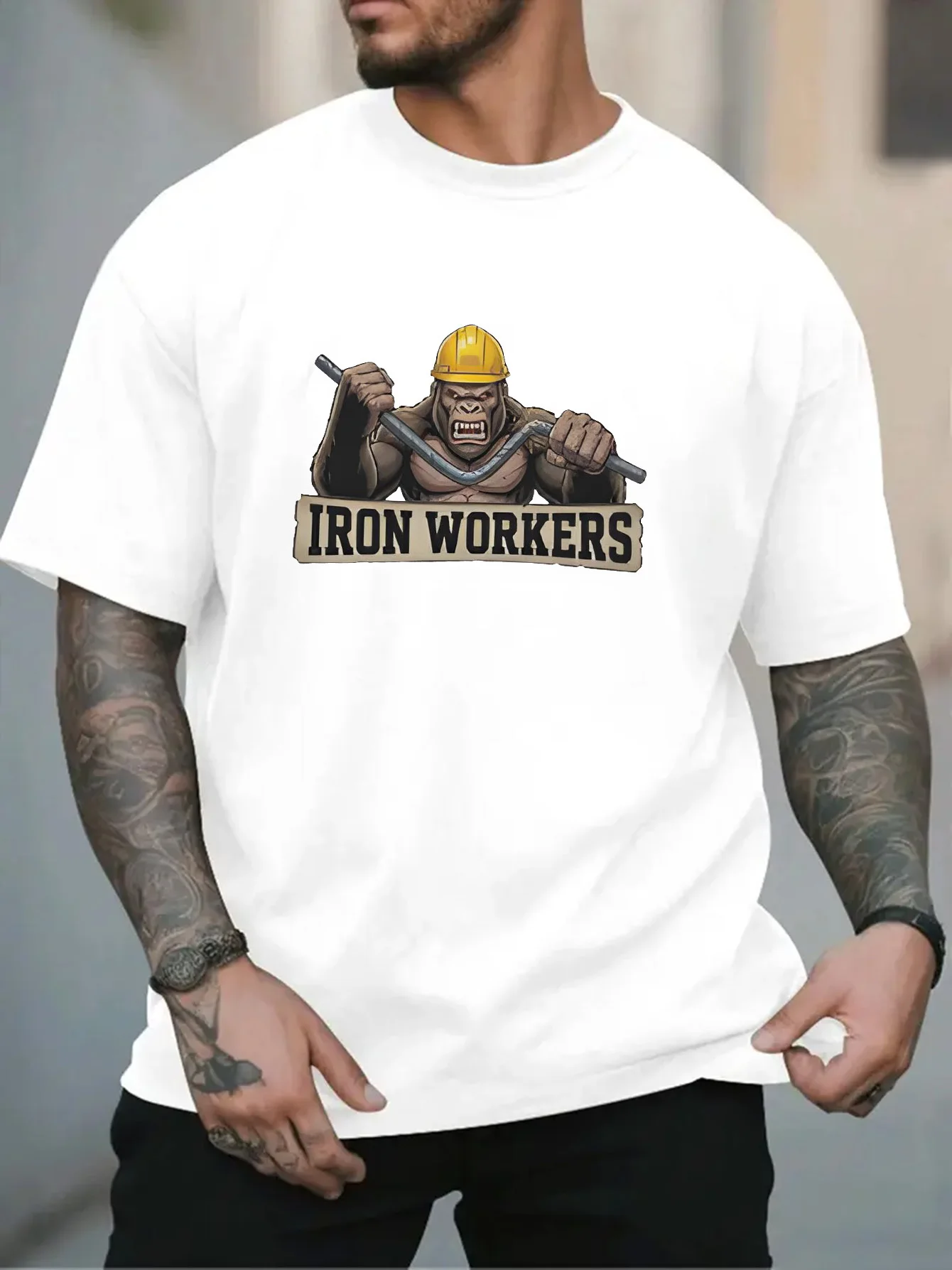Male Lavender Round Neck T Shirt Strong Builder Ape Mascot Iron Workers Banner Industrial Laborer Humor Daily Cotton Tees