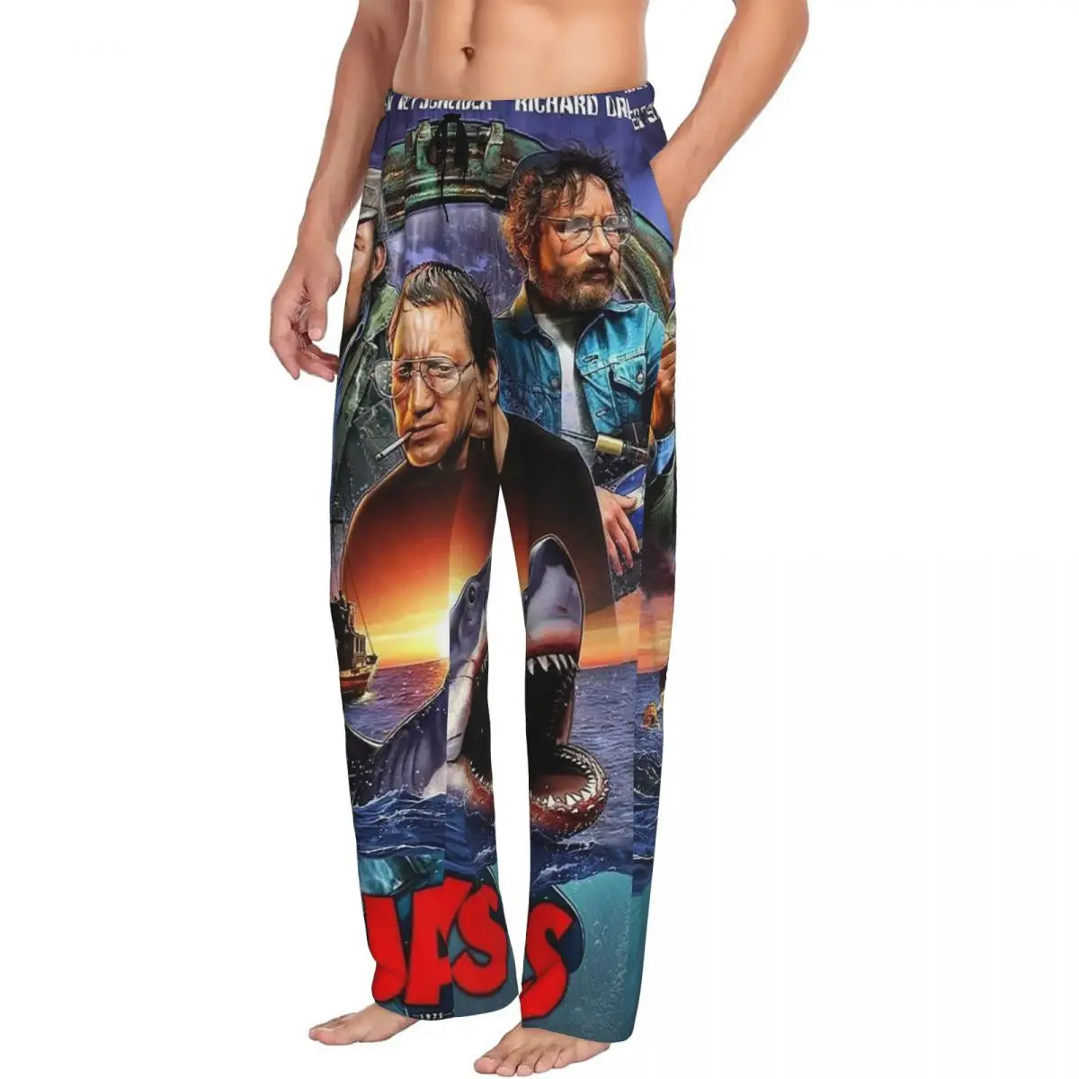 Custom Jaws Horror Movie Pajama Pants Men Sleepwear Sleep Lounge Bottoms with Pockets