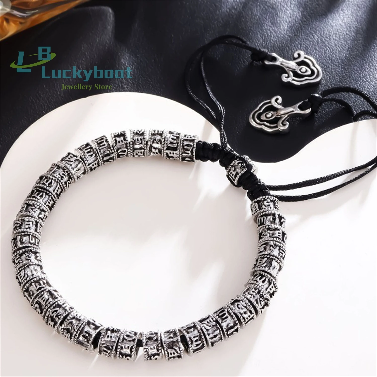 2024 new antique silver bracelet hand woven stretchable bracelet niche imitation silver hand creative six character motto bracel