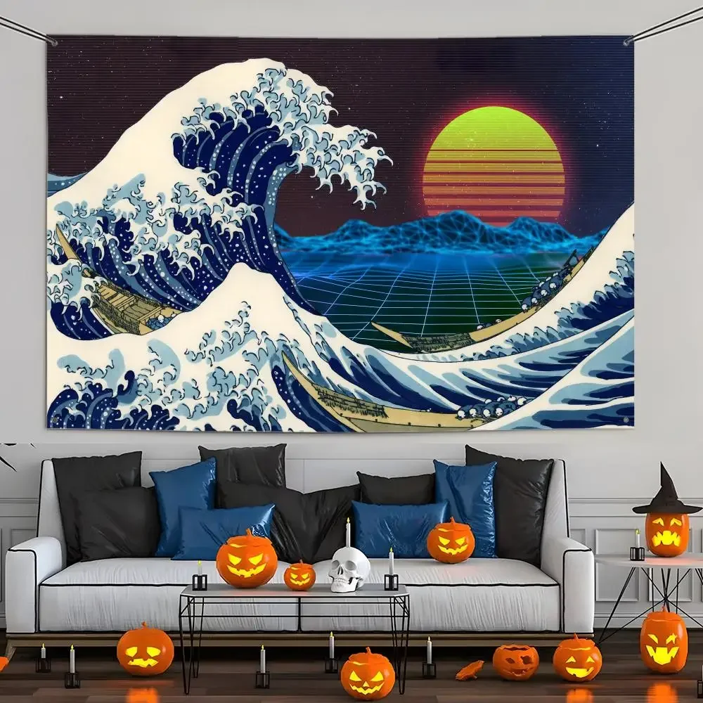 H-Hokusai O-Ohara K-Koson Flags Aesthetic Wall Tapestry Printed Wall Hanging Living Room Party Outdoor Decor