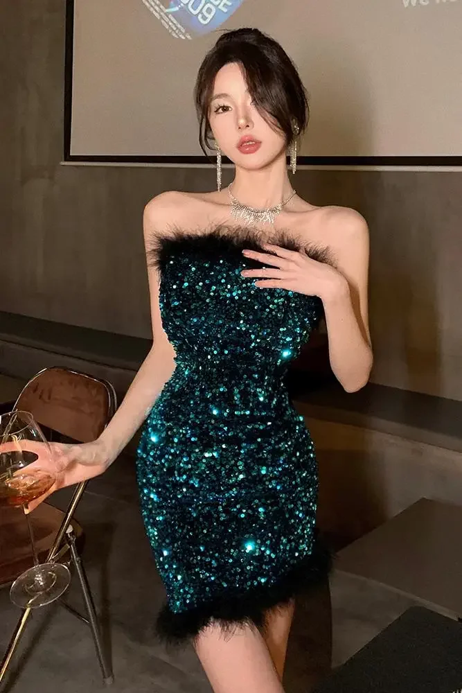 

Sequins Strapless Dress for Women 2023 New Feathers Backless Solid Mini Dresses Vintage Fashion Shiny Slim Party Vestidos